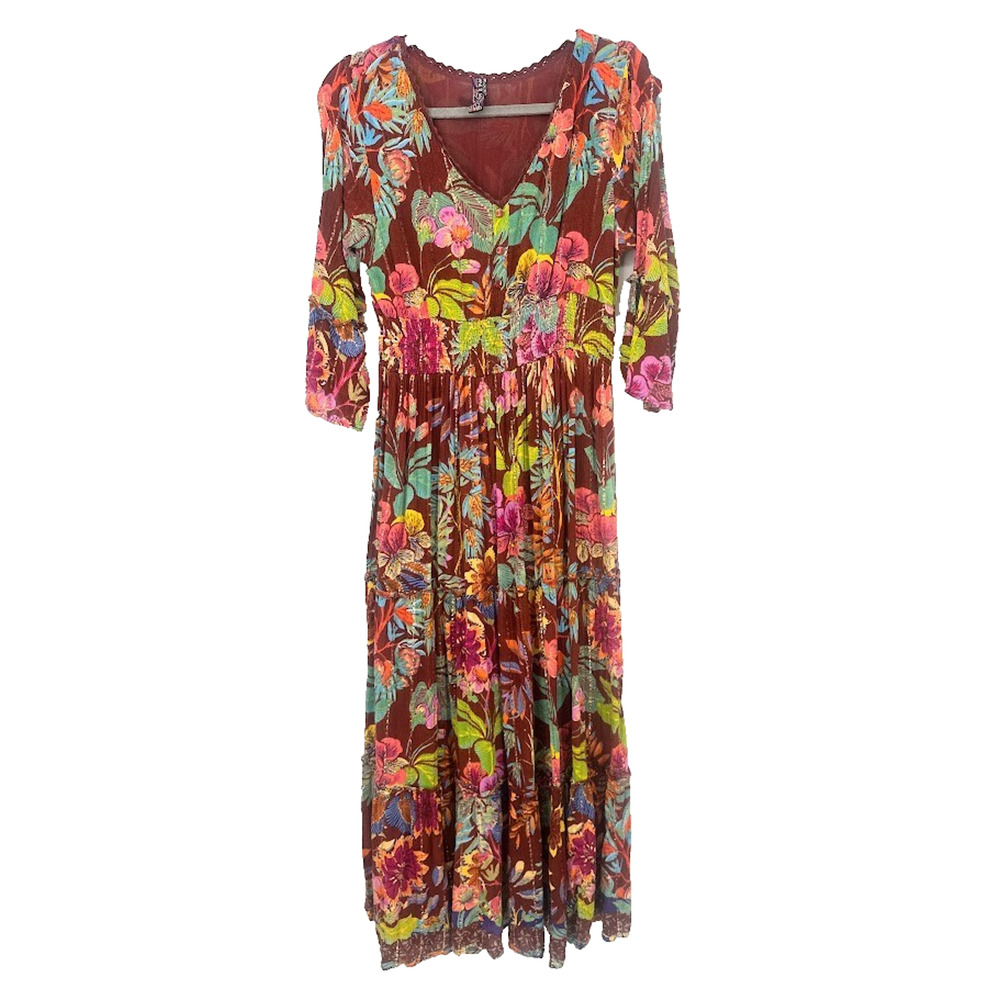 Me 2 Magic Maxi Dress Size Large Brown Floral Long Sleeve Anthropologie Boho